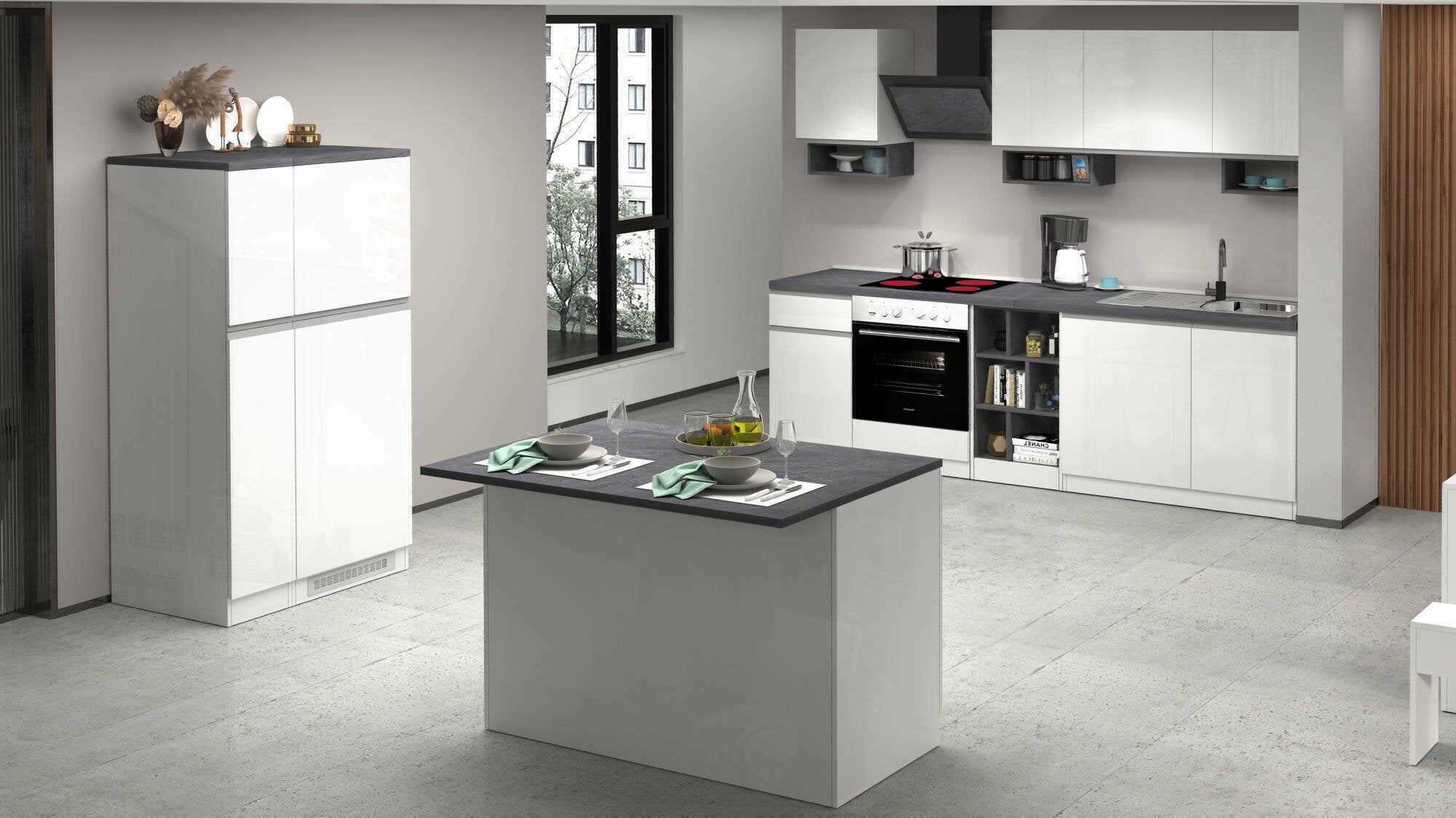 Cucina completa Balme, Set da cucina modulabile, Cucina componibile con piÒ¹ elementi, 100% Made in Italy, Bianco lucido e Ardesia