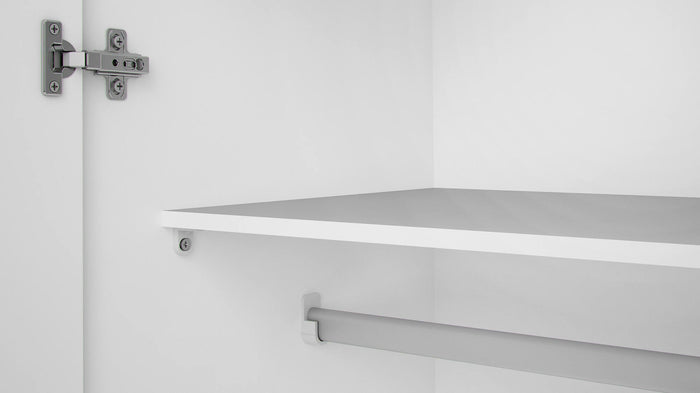 Armadio guardaroba a due ante battenti con due ripiani interni e barra Alibabba, colore bianco, Misure 77 x 175 x 49 cm