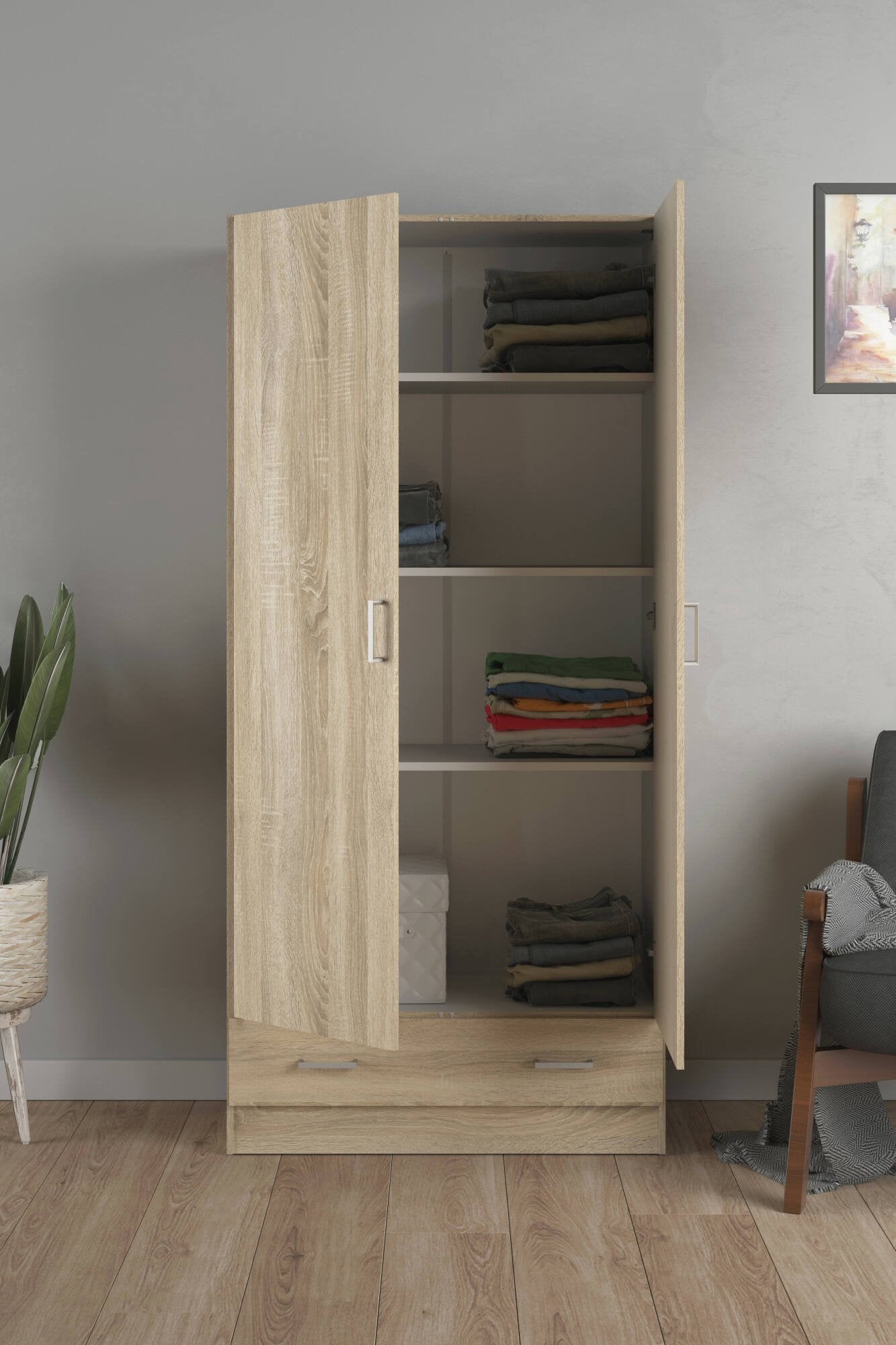 Armadio guardaroba a due ante e un Amylya, colore rovere, cm 79 x 35 x h171