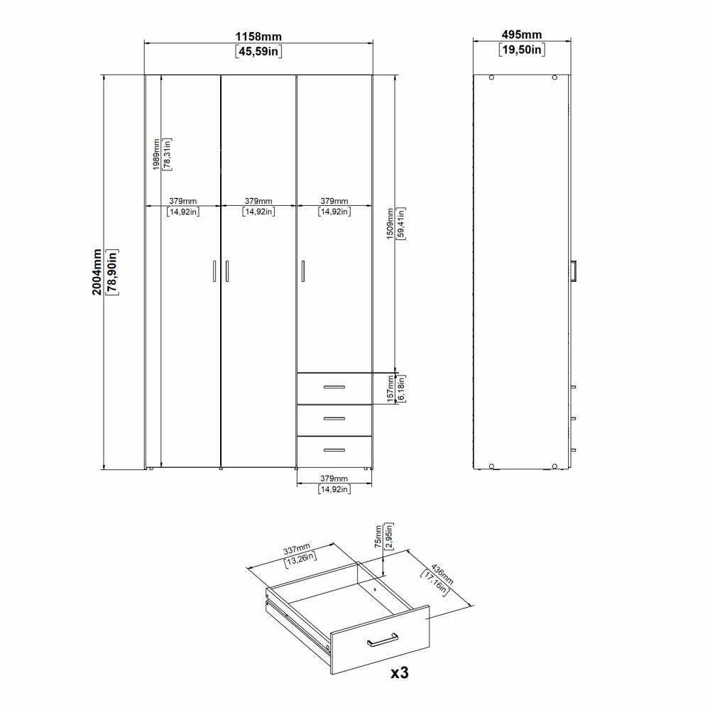Armadio guardaroba a tre ante e tre Aquilone, colore bianco, Misure 115 x 200 x 49 cm