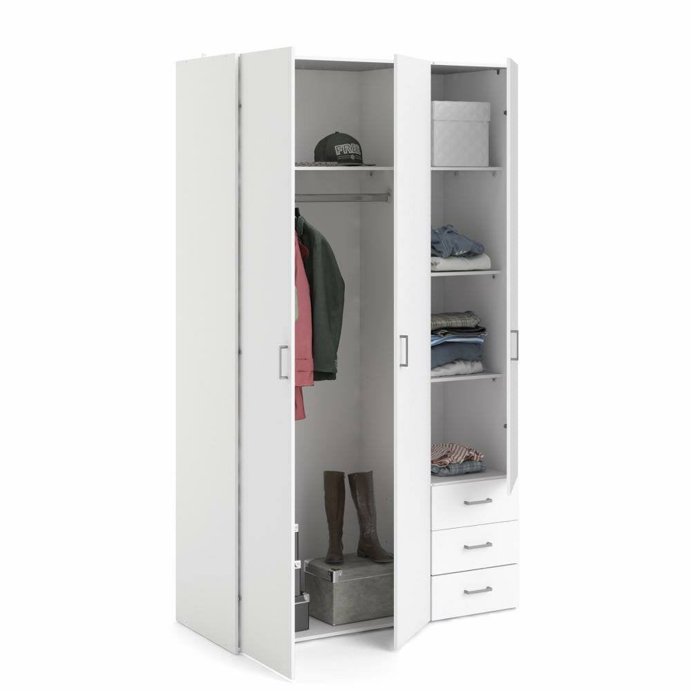 Armadio guardaroba a tre ante e tre Aquilone, colore bianco, Misure 115 x 200 x 49 cm