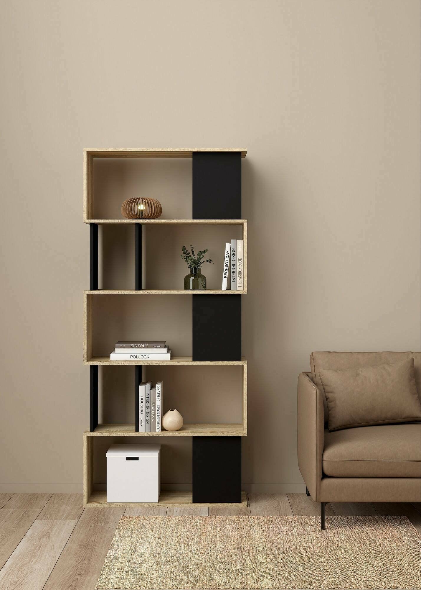 Libreria con cinque ripiani Arg, colore rovere e nero, Misure 80 x 175 x 29 cm
