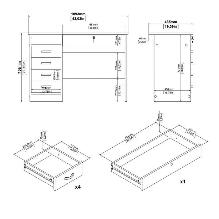 Scrivania a cinque Amor, colore bianco, Misure 109 x 75 x 48 cm