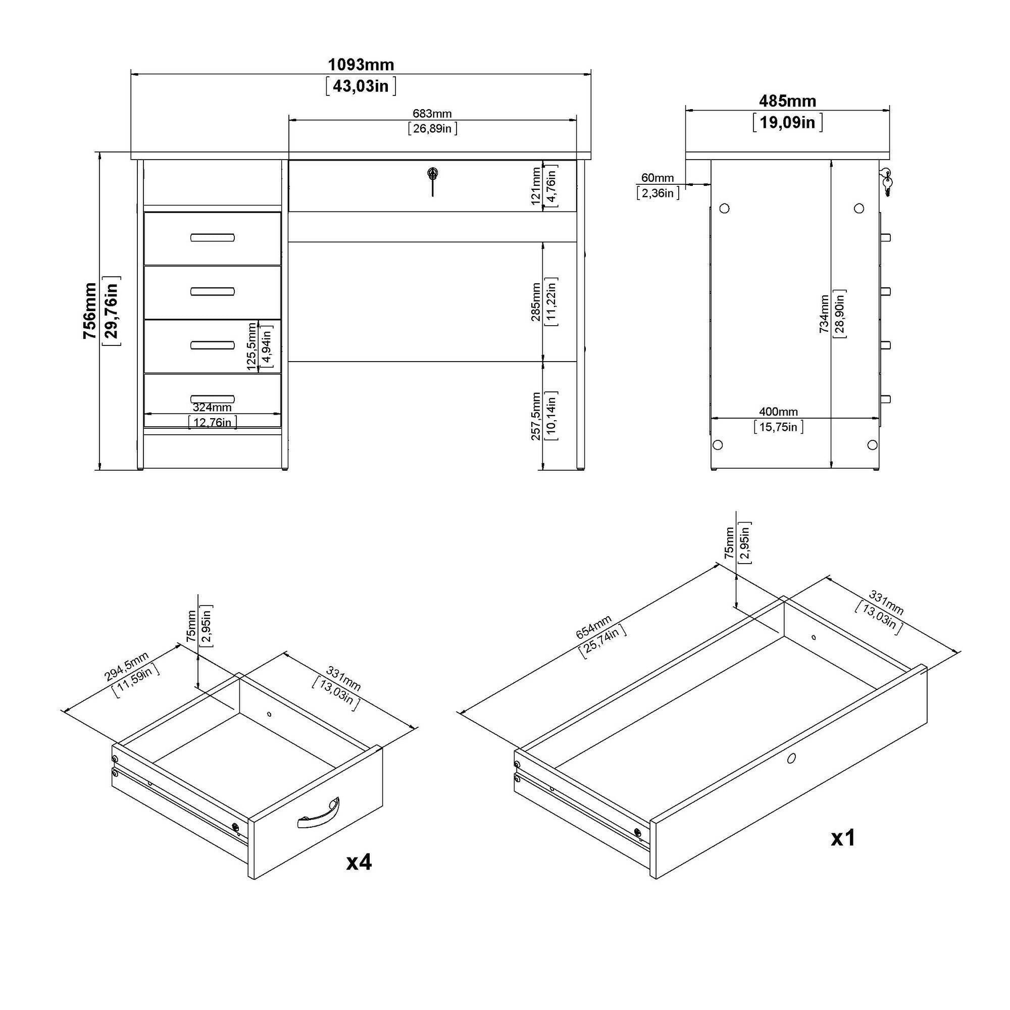 Scrivania con cinque Amor, colore rovere, cm 109 x 76 x 49