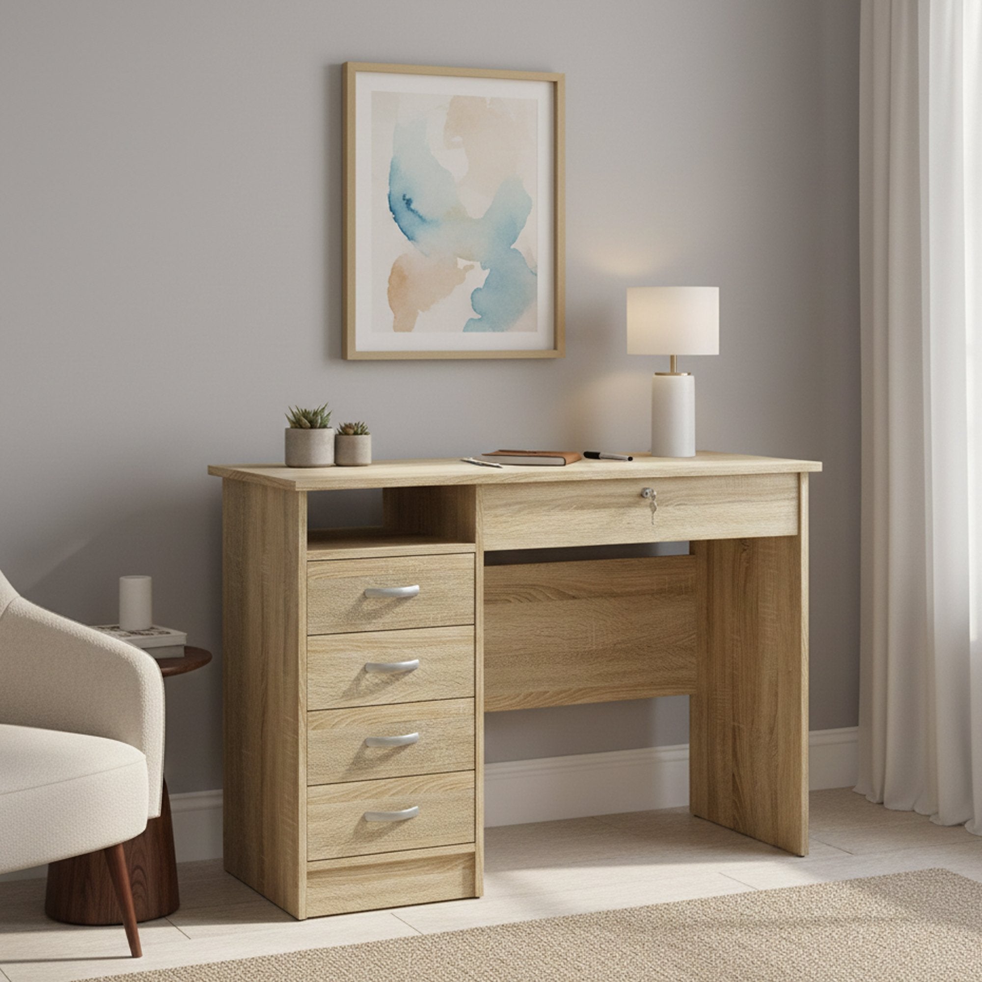 Scrivania con cinque Amor, colore rovere, cm 109 x 76 x 49