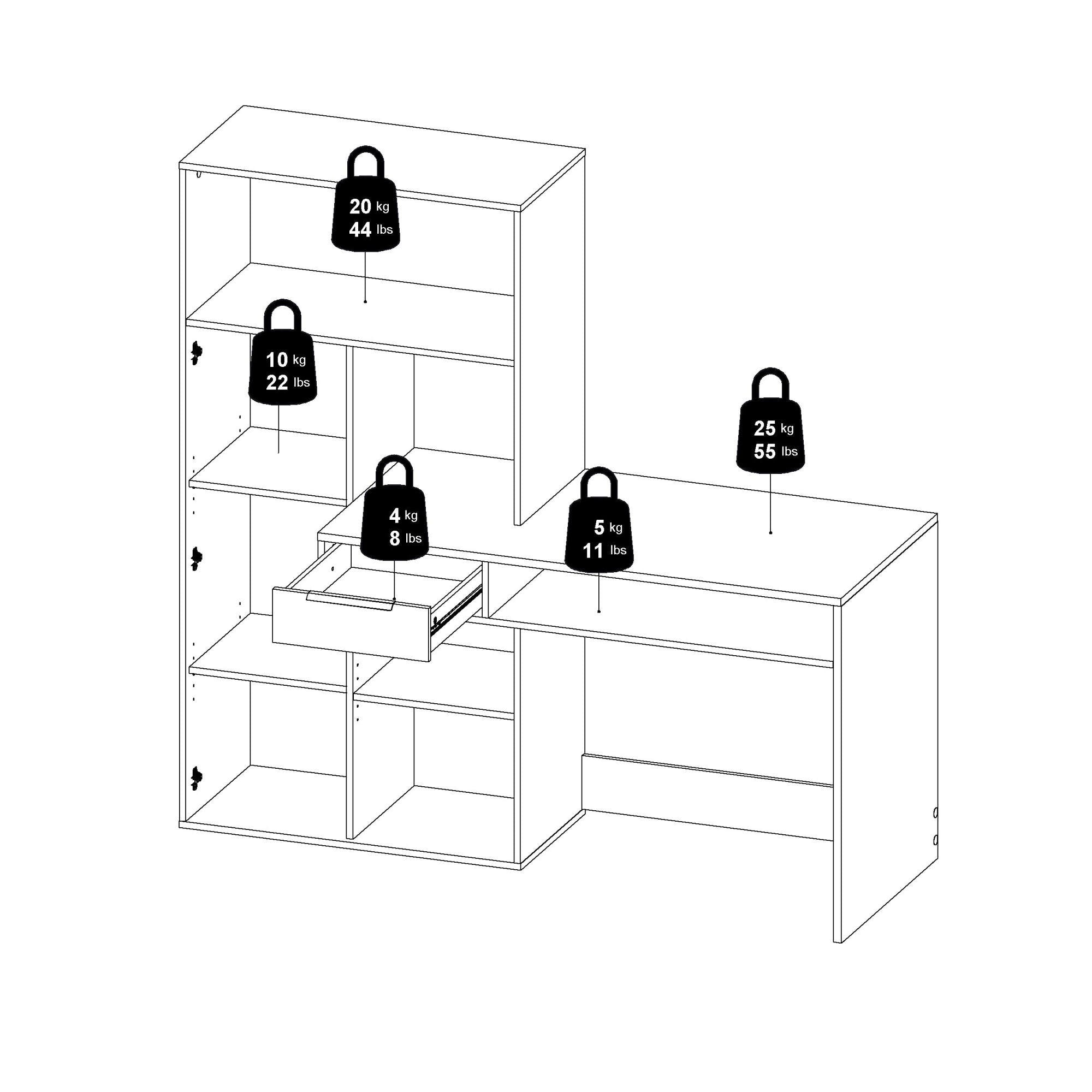 Scrivania multifunzione con Annalou, cassetto e anta, colore bianco e rovere, cm 162 x 155 x 60