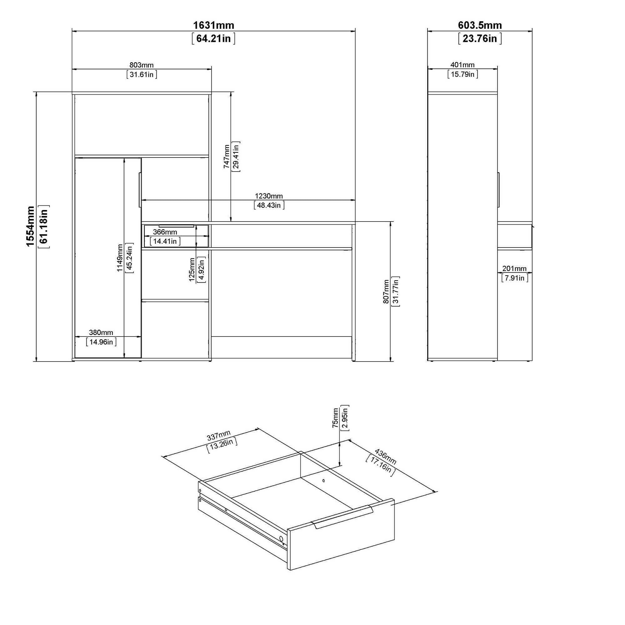 Scrivania multifunzione con Annalou, cassetto e anta, colore bianco e rovere, cm 162 x 155 x 60