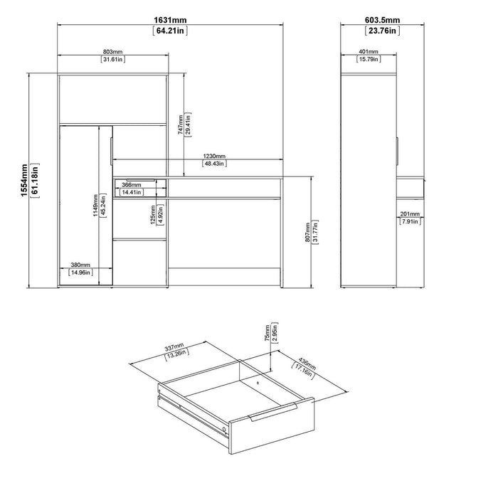 Scrivania multifunzione con Annalou, cassetto e anta, colore bianco e rovere, cm 162 x 155 x 60