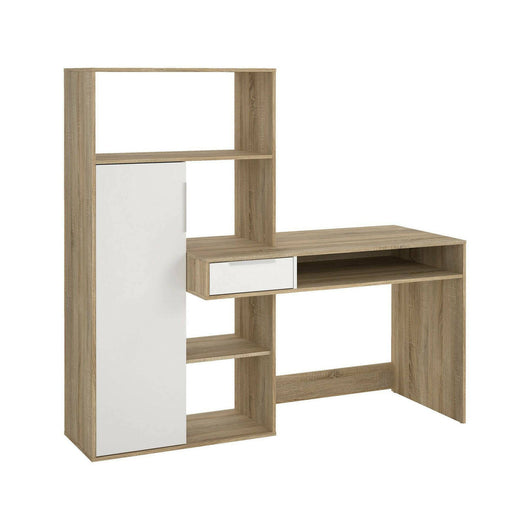 Scrivania multifunzione con Annalou, cassetto e anta, colore bianco e rovere, cm 162 x 155 x 60