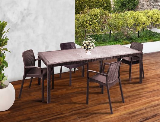 Set tavolo e sedie Arret, Ripiano rettangolare allungabile da esterno con 4 sedie incluse, Tavolo e sedute da giardino effetto rattan, 100% Made in Italy, Marrone