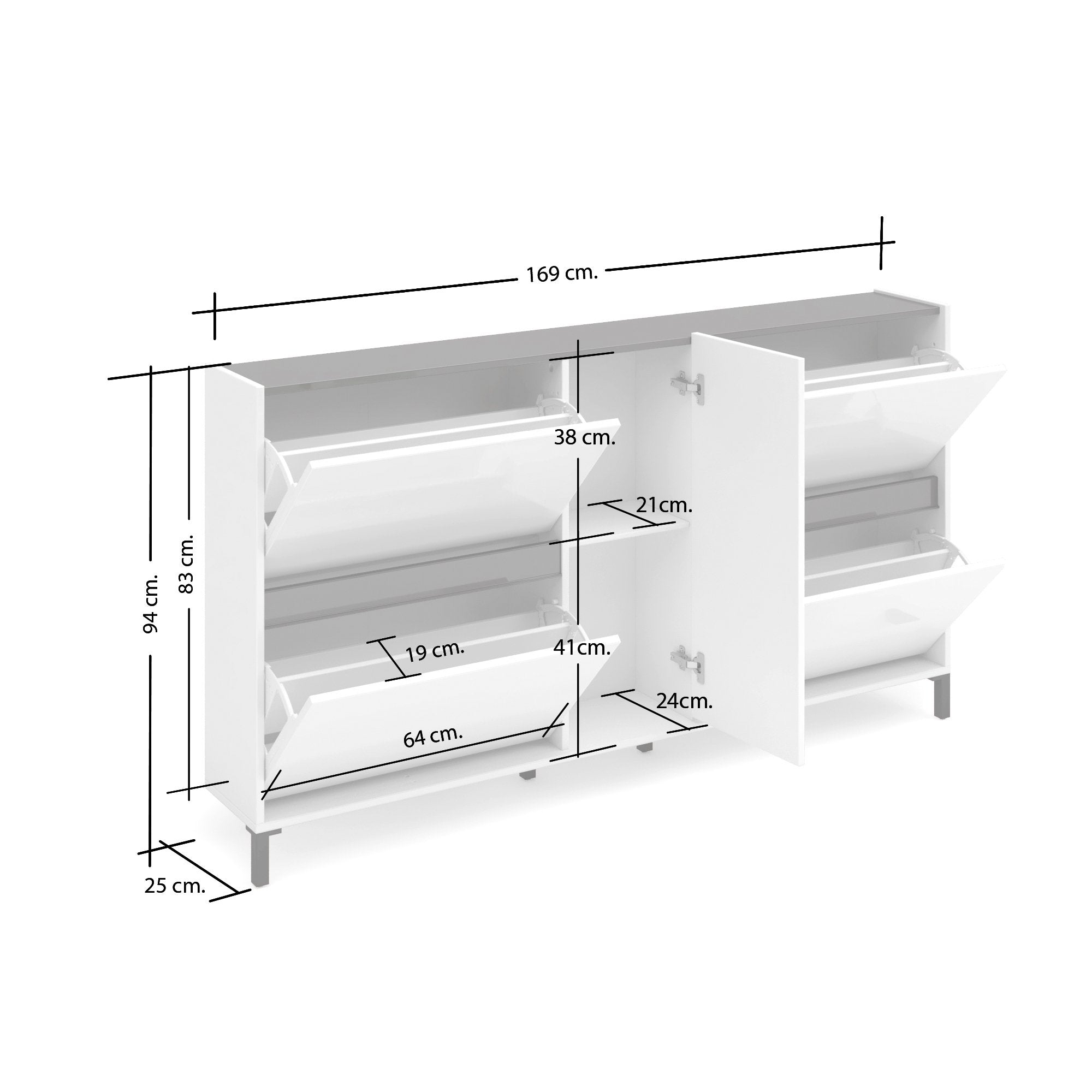 Scarpiera Madi, Mobile portascarpe, Armadio da ingresso multiuso, Mobiletto per calzature, Made in Italy, 169x25h94 cm, Bianco lucido
