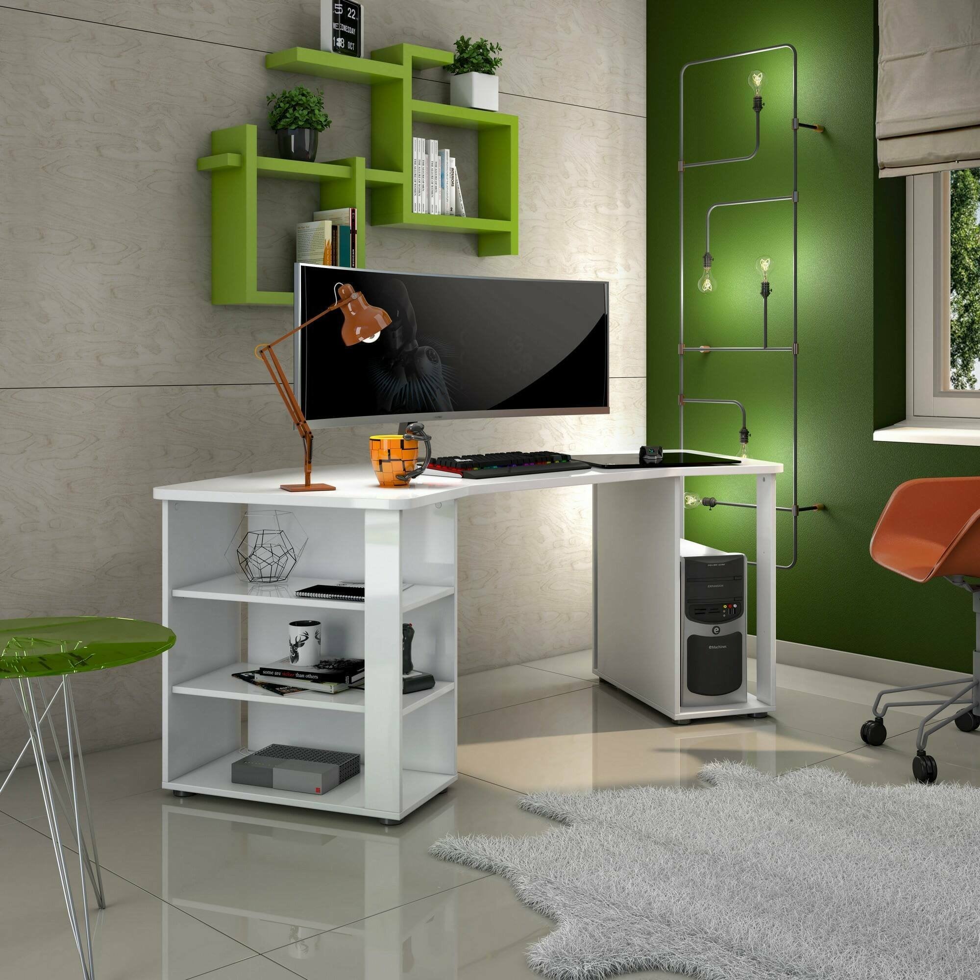 Scrivania Fuhao, Scrittoio multiuso, Tavolo per ufficio porta PC, Piano di lavoro, Made in Italy, 205x91h76 cm, Bianco lucido