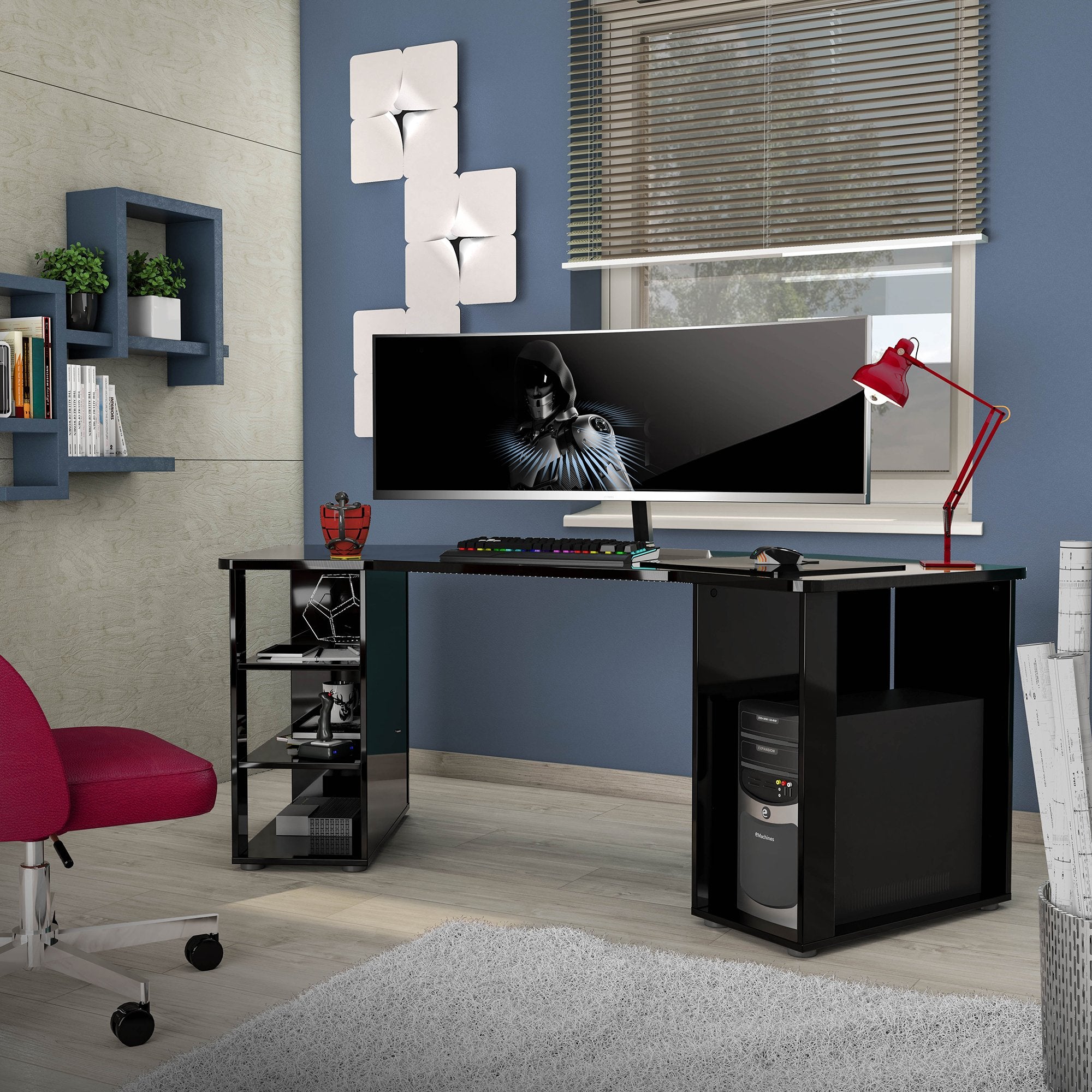 Scrivania Fuhao, Scrittoio multiuso, Tavolo per ufficio porta PC, Piano di lavoro, Made in Italy, 205x91h76 cm, Nero lucido