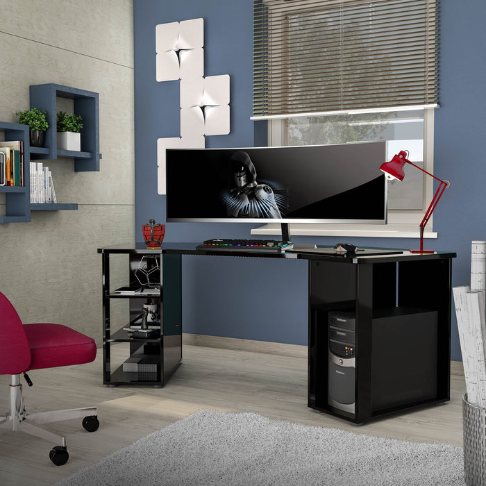 Scrivania Fuhao, Scrittoio multiuso, Tavolo per ufficio porta PC, Piano di lavoro, Made in Italy, 205x91h76 cm, Nero lucido