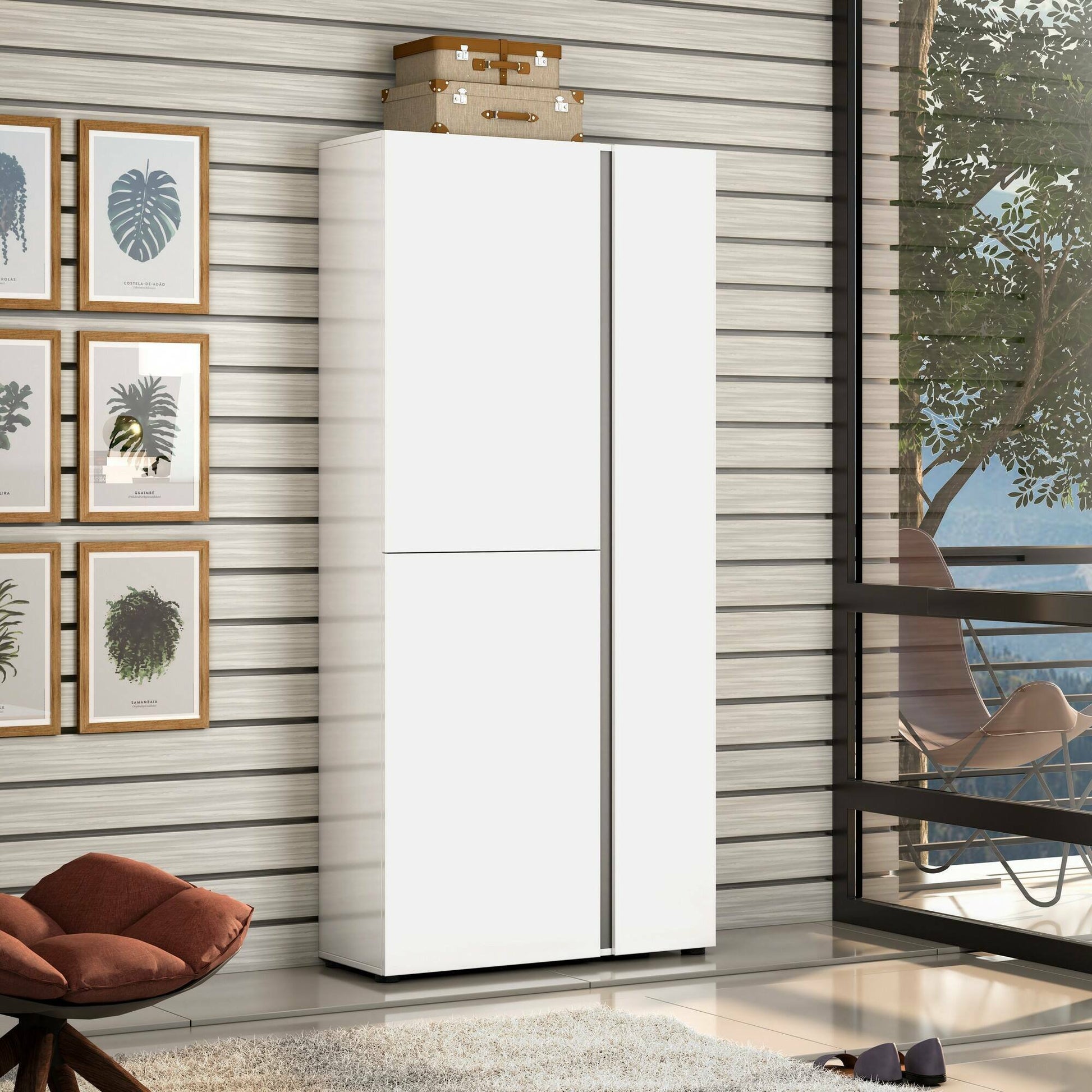 Mobile Portascarpe Arthus, Scarpiera 36 Paia Made in Italy, 91x33x196h cm Bianco Lucido