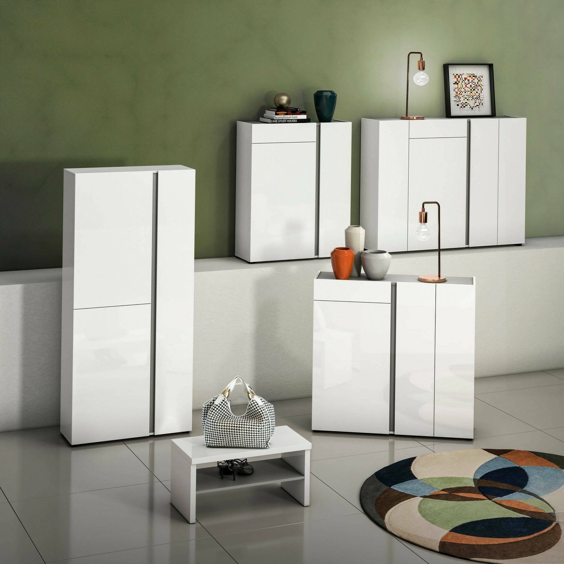 Mobile Portascarpe Arthus, Scarpiera 36 Paia Made in Italy, 91x33x196h cm Bianco Lucido