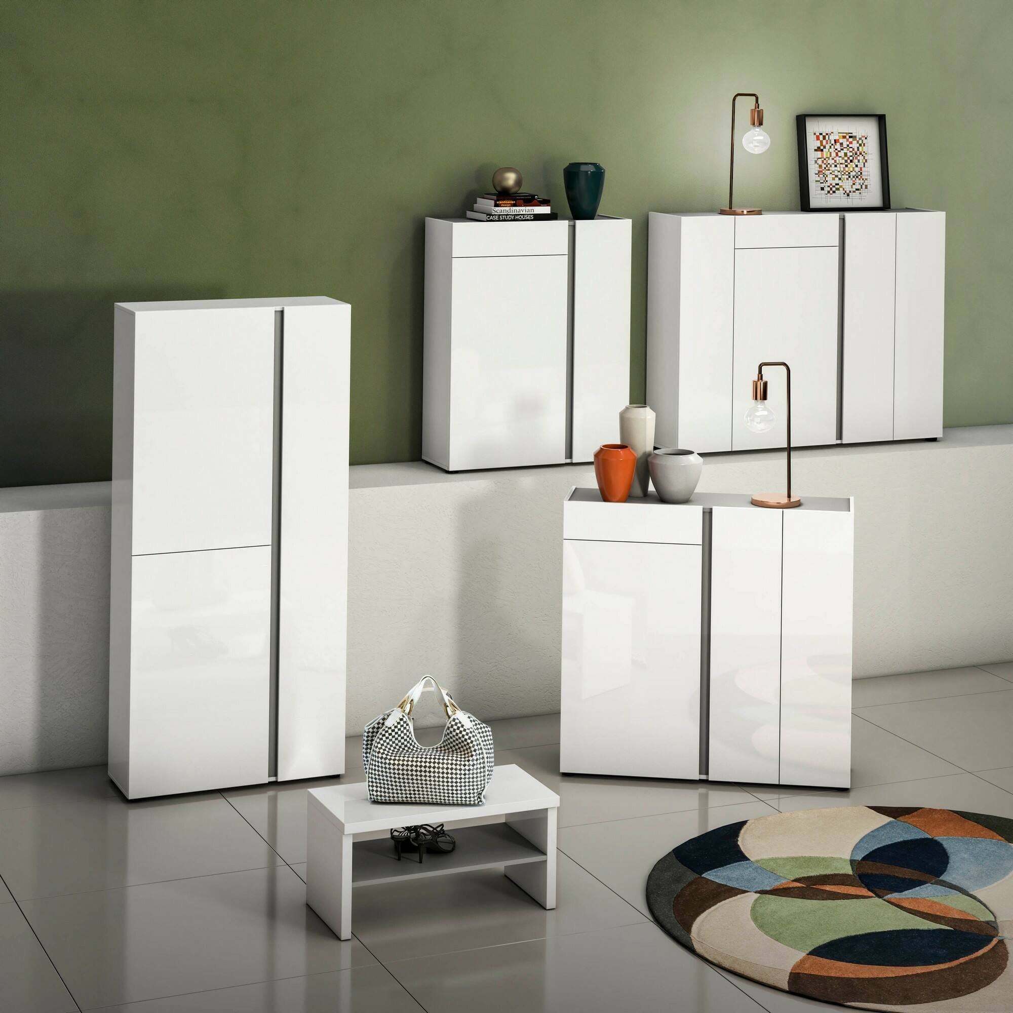 Mobile Portascarpe Arthus, Scarpiera 36 Paia Made in Italy, 91x33x196h cm Bianco Lucido