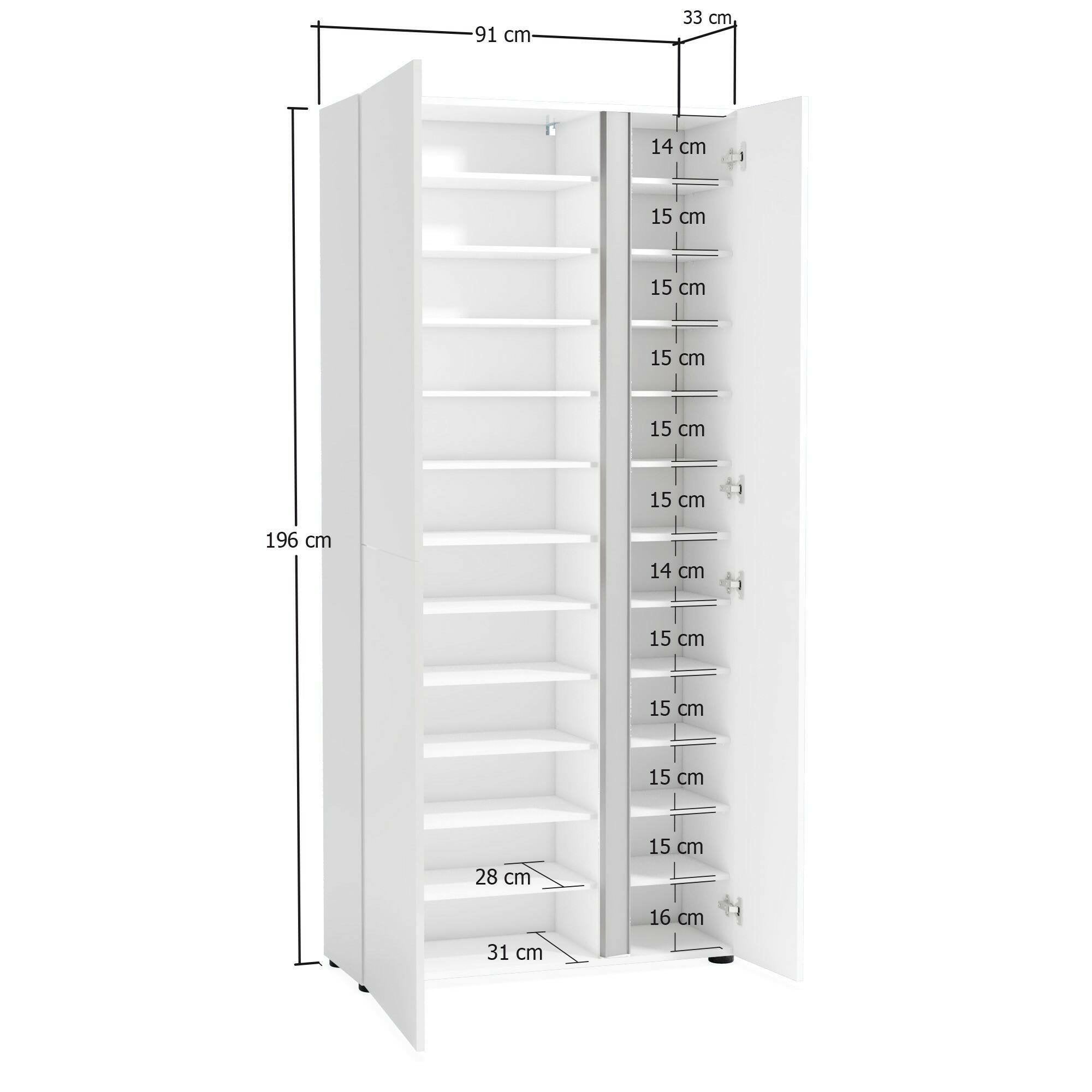 Mobile Portascarpe Arthus, Scarpiera 36 Paia Made in Italy, 91x33x196h cm Bianco Lucido