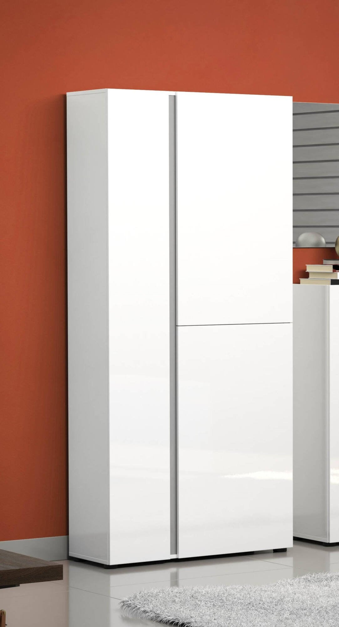 Mobile Portascarpe Arthus, Scarpiera 36 Paia Made in Italy, 91x33x196h cm Bianco Lucido
