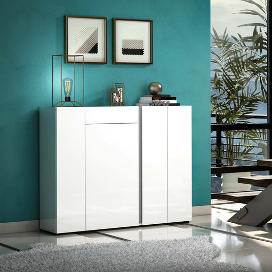 Scarpiera Aureliano, Mobile portascarpe, Armadio da ingresso multiuso, Mobiletto per calzature, Made in Italy, 149x33h115 cm, Bianco lucido e Antracite