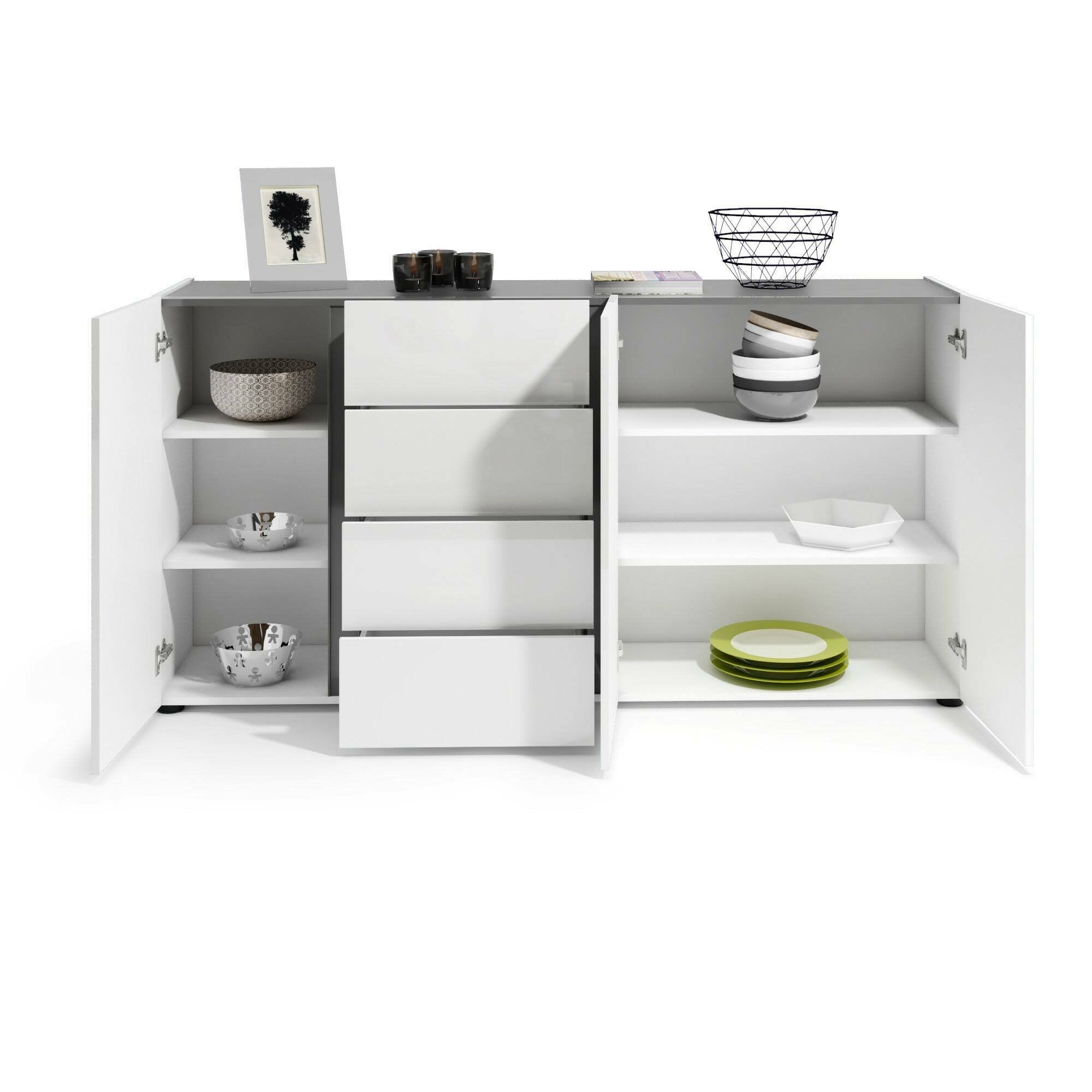 Credenza Baveno, Buffet da soggiorno, Madia da salotto, Dispensa da cucina, Made in Italy, 180x38h92 cm, Bianco lucido e Antracite