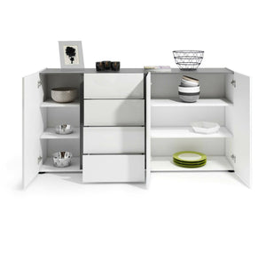 Credenza Baveno, Buffet da soggiorno, Madia da salotto, Dispensa da cucina, Made in Italy, 180x38h92 cm, Bianco lucido e Antracite