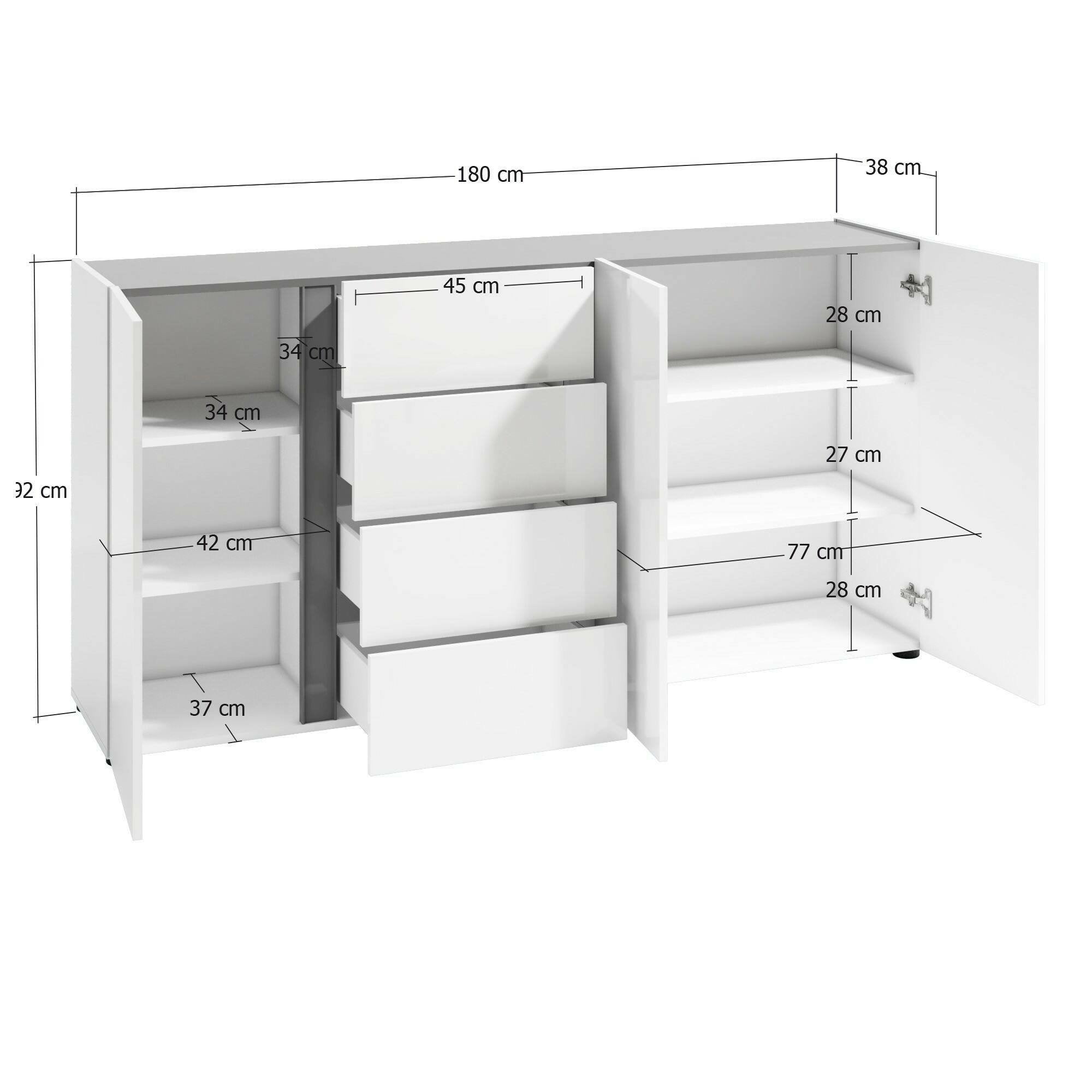 Credenza Baveno, Buffet da soggiorno, Madia da salotto, Dispensa da cucina, Made in Italy, 180x38h92 cm, Bianco lucido e Antracite