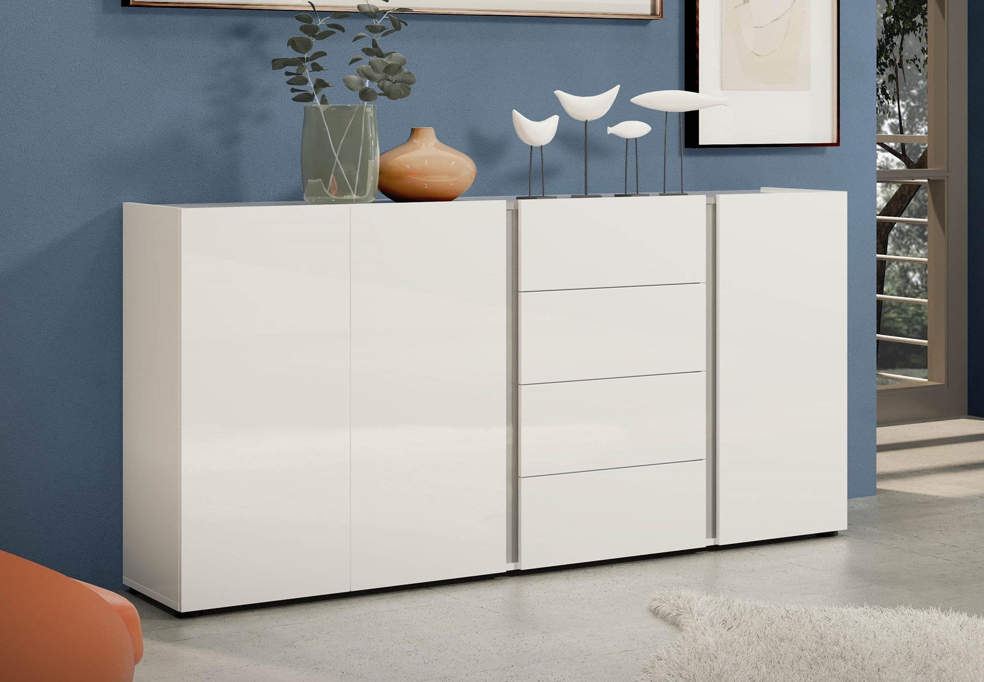 Credenza Baveno, Buffet da soggiorno, Madia da salotto, Dispensa da cucina, Made in Italy, 180x38h92 cm, Bianco lucido e Antracite