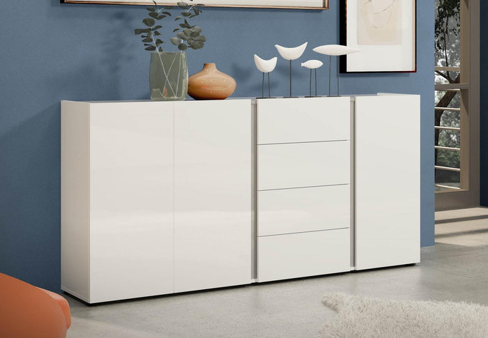 Credenza Baveno, Buffet da soggiorno, Madia da salotto, Dispensa da cucina, Made in Italy, 180x38h92 cm, Bianco lucido e Antracite