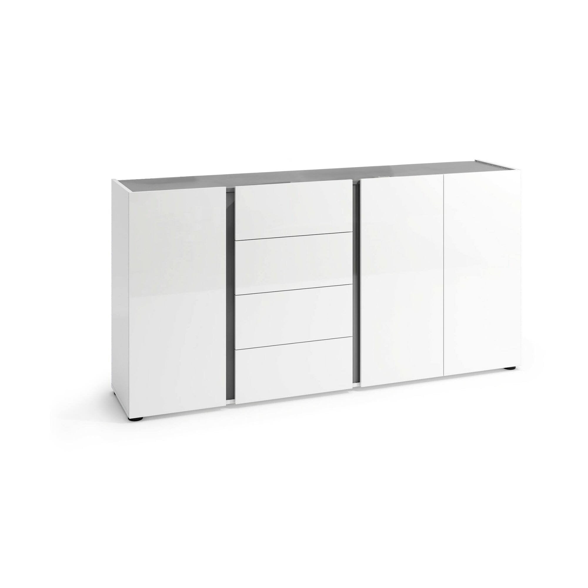 Credenza Baveno, Buffet da soggiorno, Madia da salotto, Dispensa da cucina, Made in Italy, 180x38h92 cm, Bianco lucido e Antracite