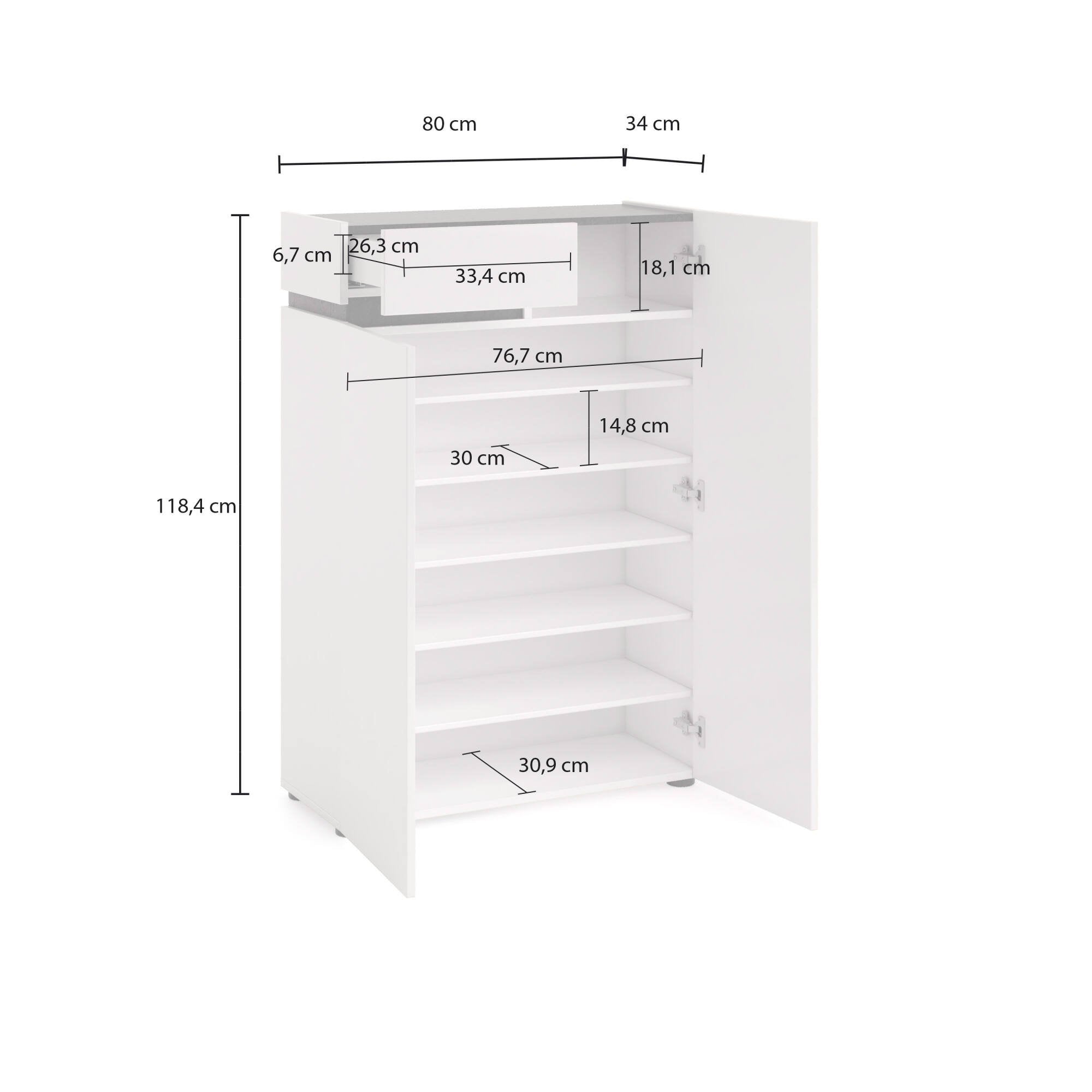 Scarpiera Badolato, Mobile portascarpe, Armadio da ingresso multiuso, Mobiletto per calzature, Made in Italy, 80x34h115 cm, Bianco lucido e Antracite