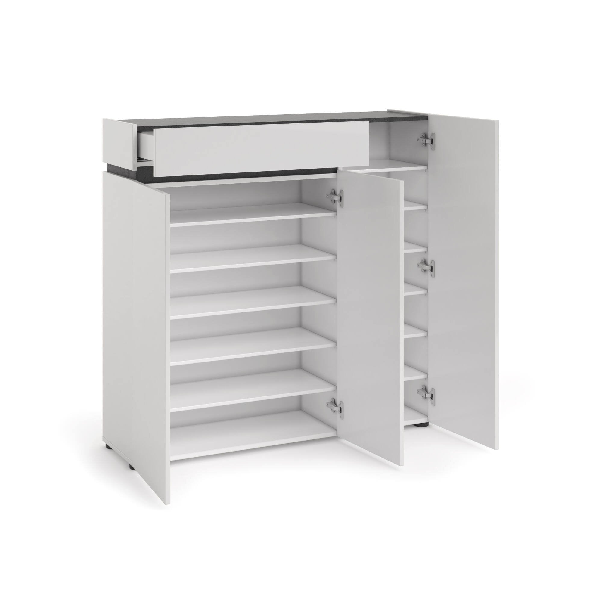 Scarpiera Joji, Mobile portascarpe, Armadio da ingresso multiuso, Mobiletto per calzature, Made in Italy, 120x34h115 cm, Bianco lucido e Antracite