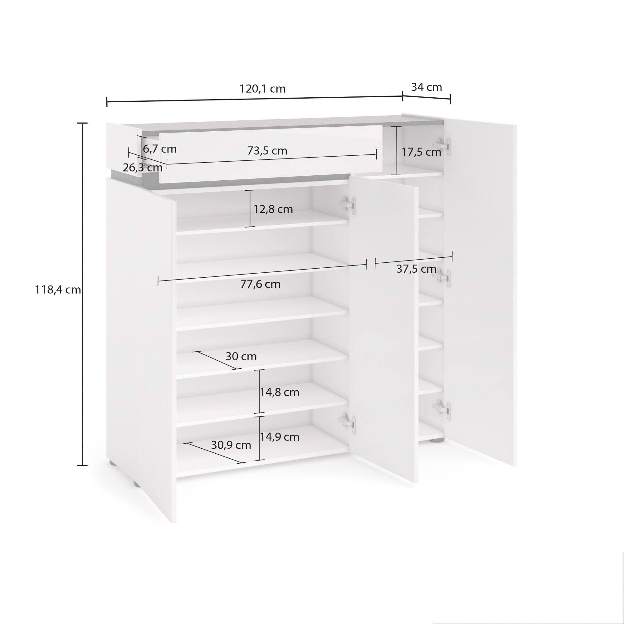 Scarpiera Joji, Mobile portascarpe, Armadio da ingresso multiuso, Mobiletto per calzature, Made in Italy, 120x34h115 cm, Bianco lucido e Antracite