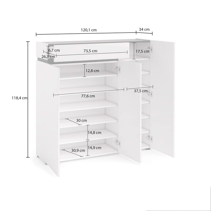 Scarpiera Joji, Mobile portascarpe, Armadio da ingresso multiuso, Mobiletto per calzature, Made in Italy, 120x34h115 cm, Bianco lucido e Antracite