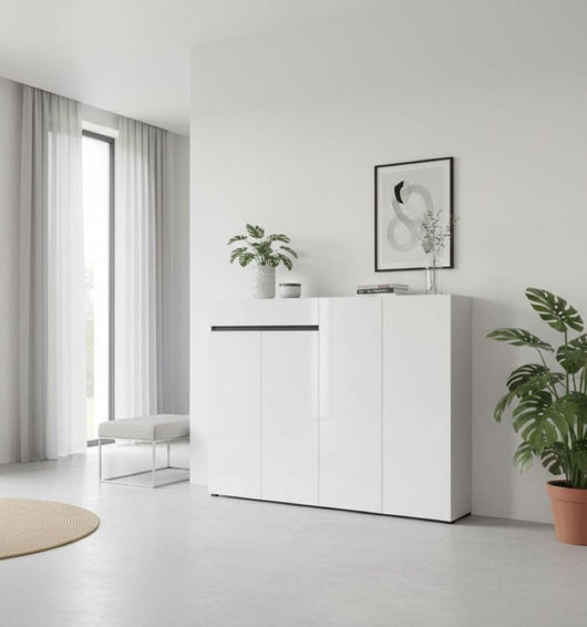 Scarpiera Speranza, Mobile portascarpe, Armadio da ingresso multiuso, Mobiletto per calzature, Made in Italy, 160x34h115 cm, Bianco lucido e Antracite