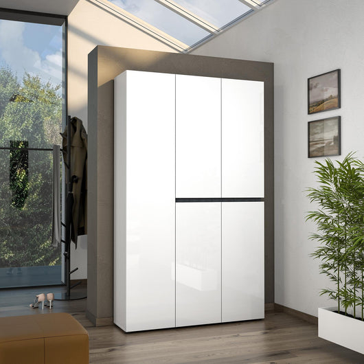 Scarpiera Valletta, Mobile portascarpe, Armadio da ingresso multiuso, Mobiletto per calzature, Made in Italy, 120x34h200 cm, Bianco lucido e Antracite