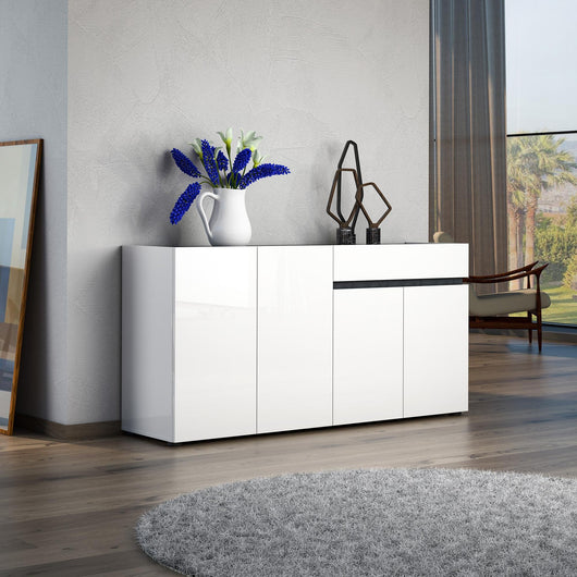 Credenza Beinette, Buffet da soggiorno, Madia da salotto, Dispensa da cucina, Made in Italy, 160x42h80 cm, Bianco lucido e Antracite