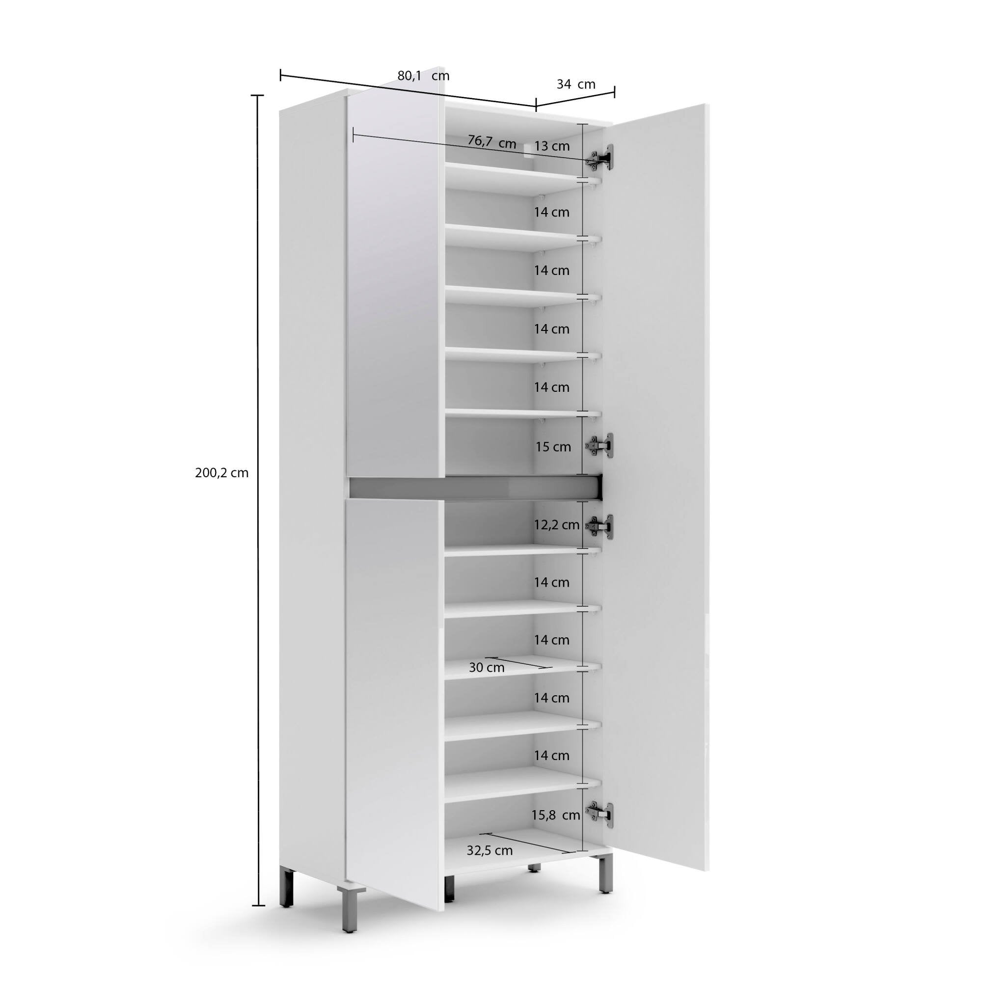 Scarpiera Visciano, Mobile portascarpe, Armadio da ingresso multiuso, Mobiletto per calzature, Made in Italy, 81x34h200 cm, Bianco lucido e Antracite