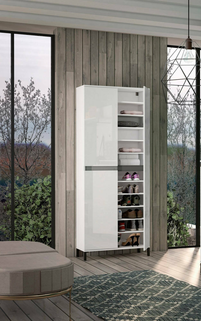 Scarpiera Visciano, Mobile portascarpe, Armadio da ingresso multiuso, Mobiletto per calzature, Made in Italy, 81x34h200 cm, Bianco lucido e Antracite