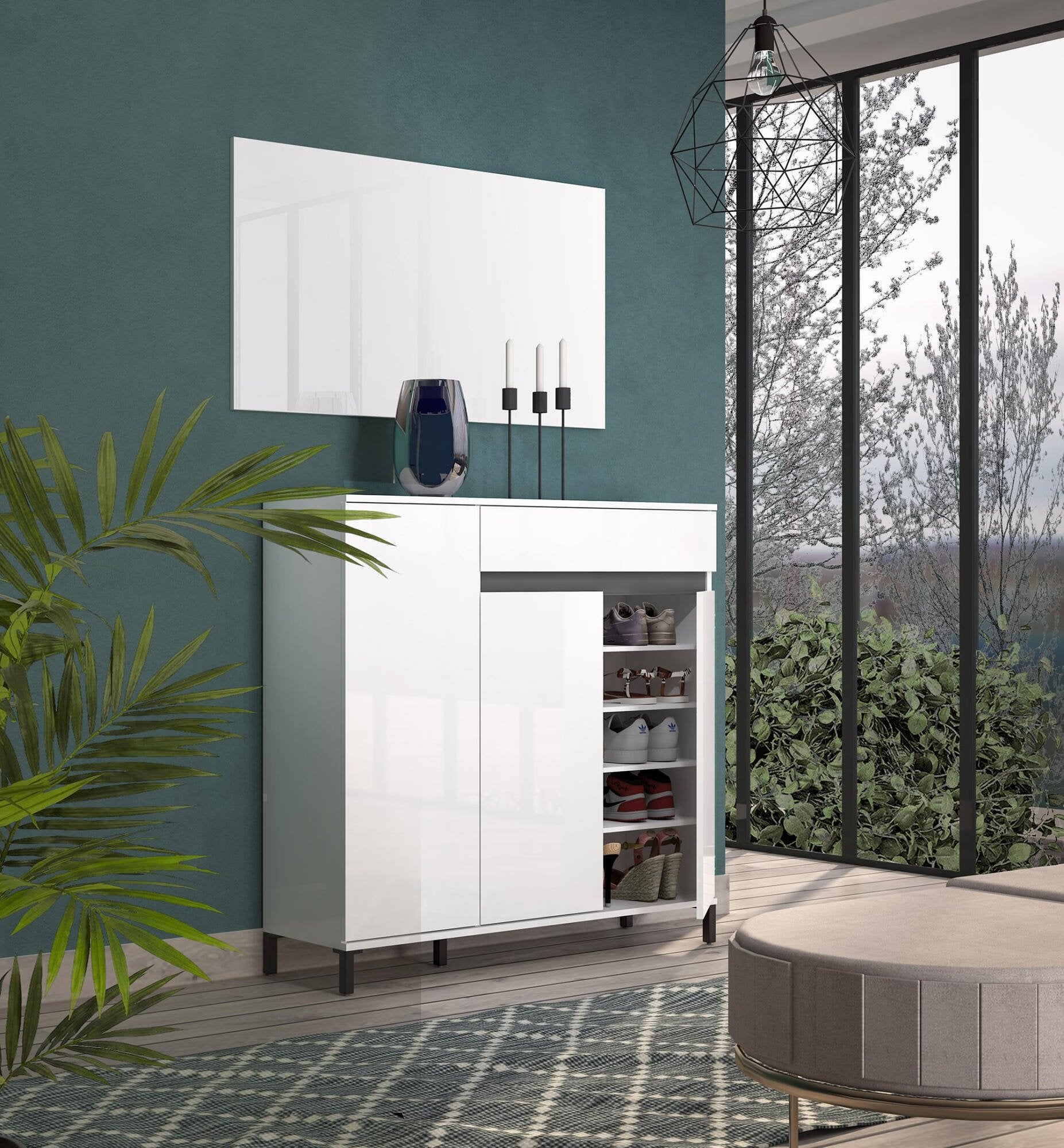 Mobile Portascarpe Adelinda, Scarpiera 8 Ripiani Made in Italy, 120x34x115h cm Bianco Lucido