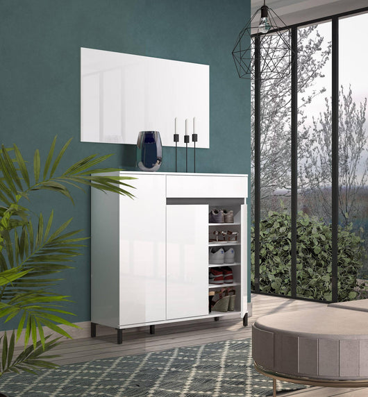 Scarpiera Adelinda, Mobile portascarpe, Armadio da ingresso multiuso, Mobiletto per calzature, Made in Italy, 120x34h115 cm, Bianco lucido e Antracite
