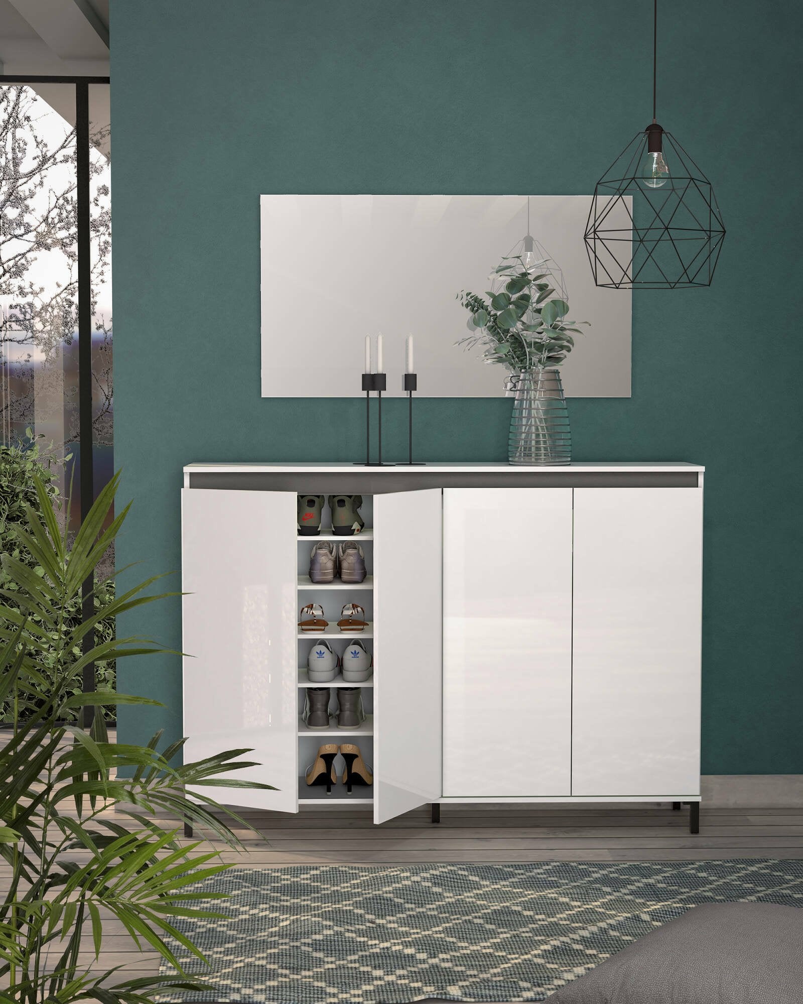 Scarpiera Moana, Mobile portascarpe, Armadio da ingresso multiuso, Mobiletto per calzature, Made in Italy, 160x34h115 cm, Bianco lucido e Antracite