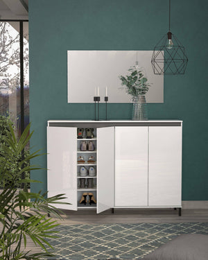 Scarpiera Moana, Mobile portascarpe, Armadio da ingresso multiuso, Mobiletto per calzature, Made in Italy, 160x34h115 cm, Bianco lucido e Antracite