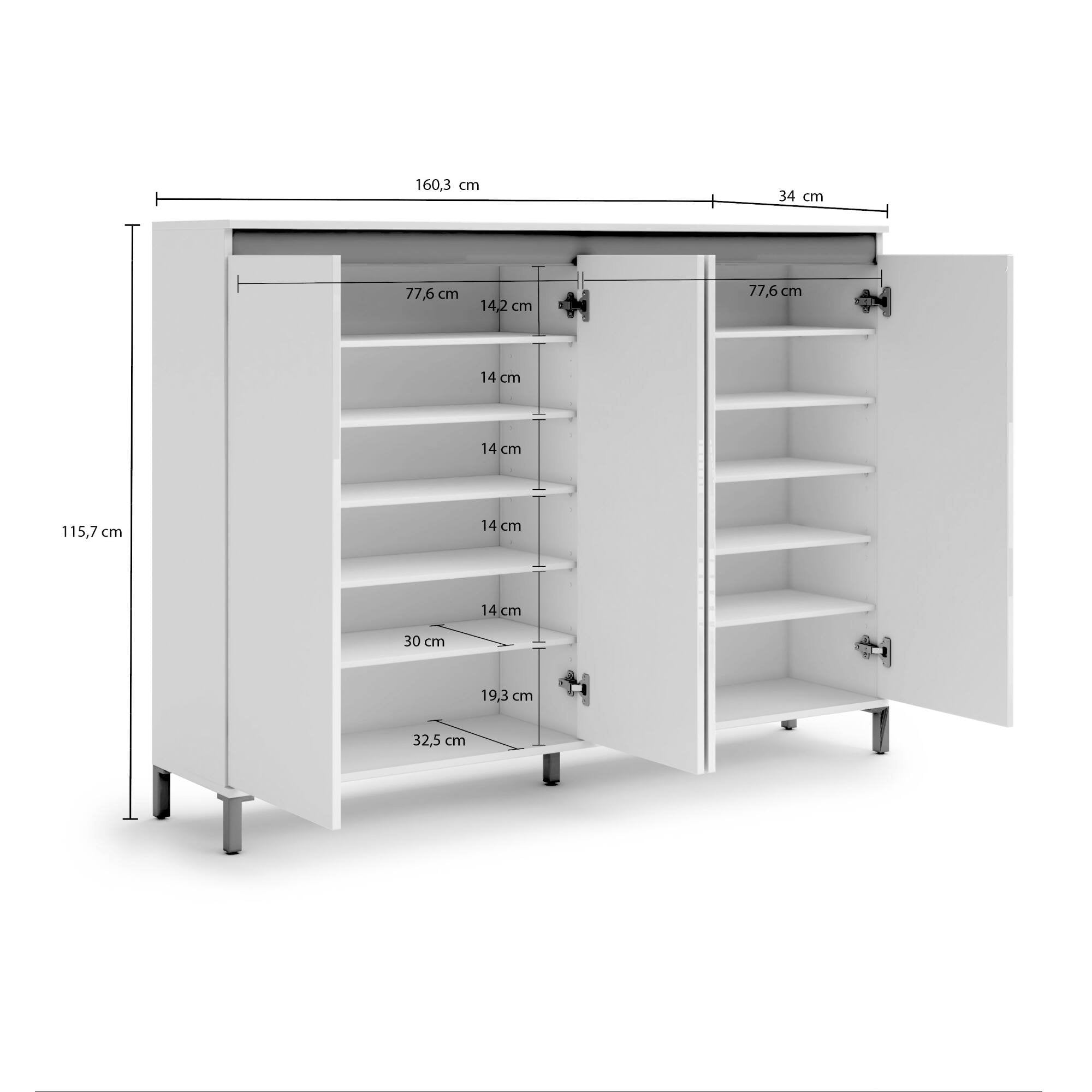 Scarpiera Moana, Mobile portascarpe, Armadio da ingresso multiuso, Mobiletto per calzature, Made in Italy, 160x34h115 cm, Bianco lucido e Antracite