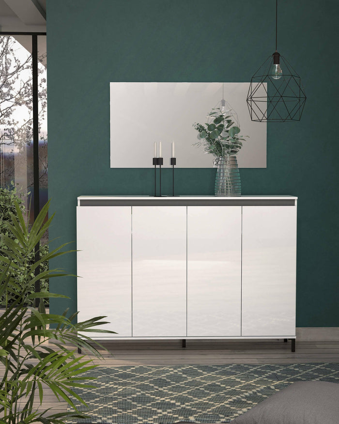 Scarpiera Moana, Mobile portascarpe, Armadio da ingresso multiuso, Mobiletto per calzature, Made in Italy, 160x34h115 cm, Bianco lucido e Antracite