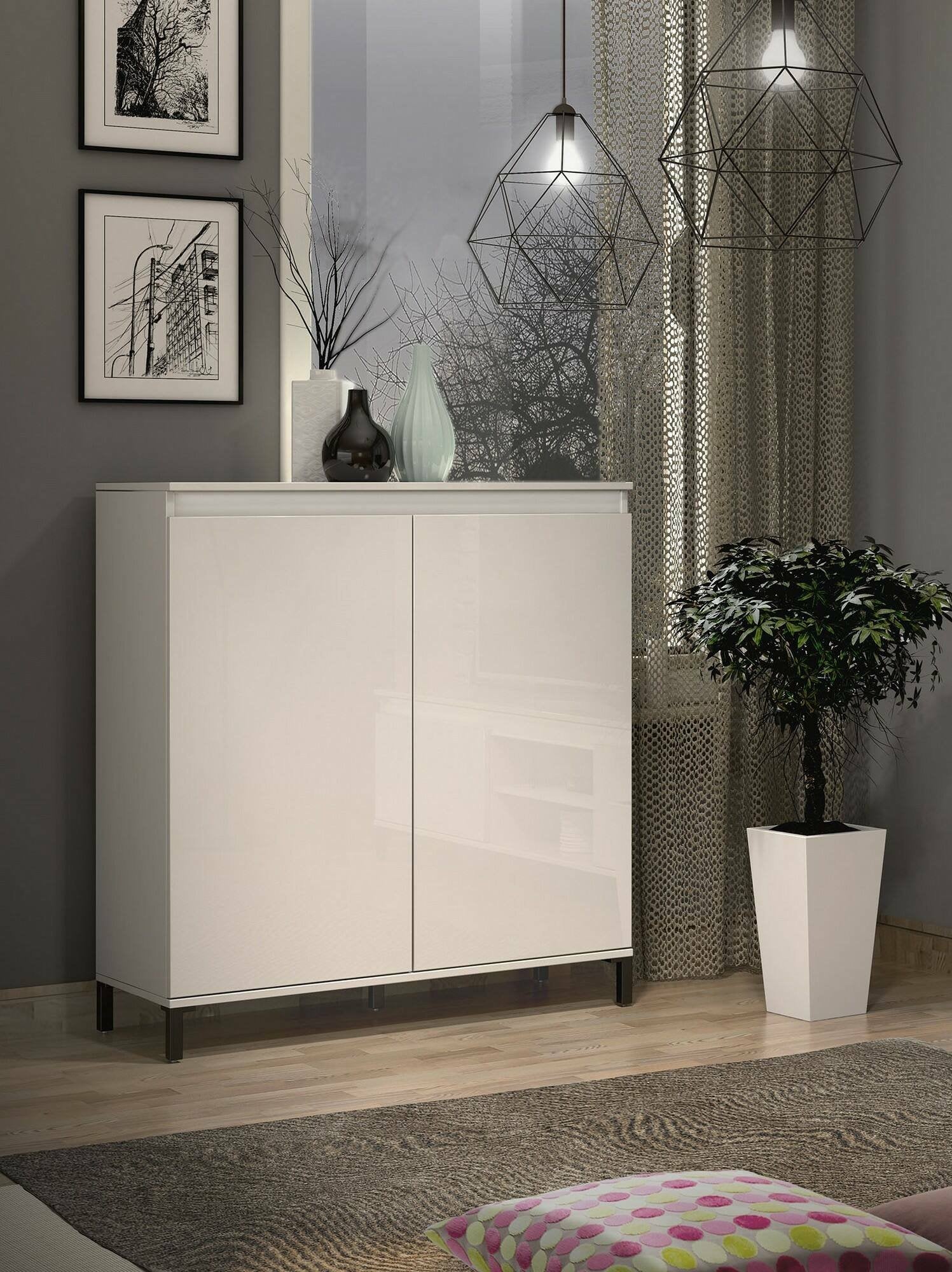 Credenza Iwao, Buffet da soggiorno, Madia da salotto, Dispensa da cucina, Made in Italy, 100x40h110 cm, Bianco lucido e Antracite