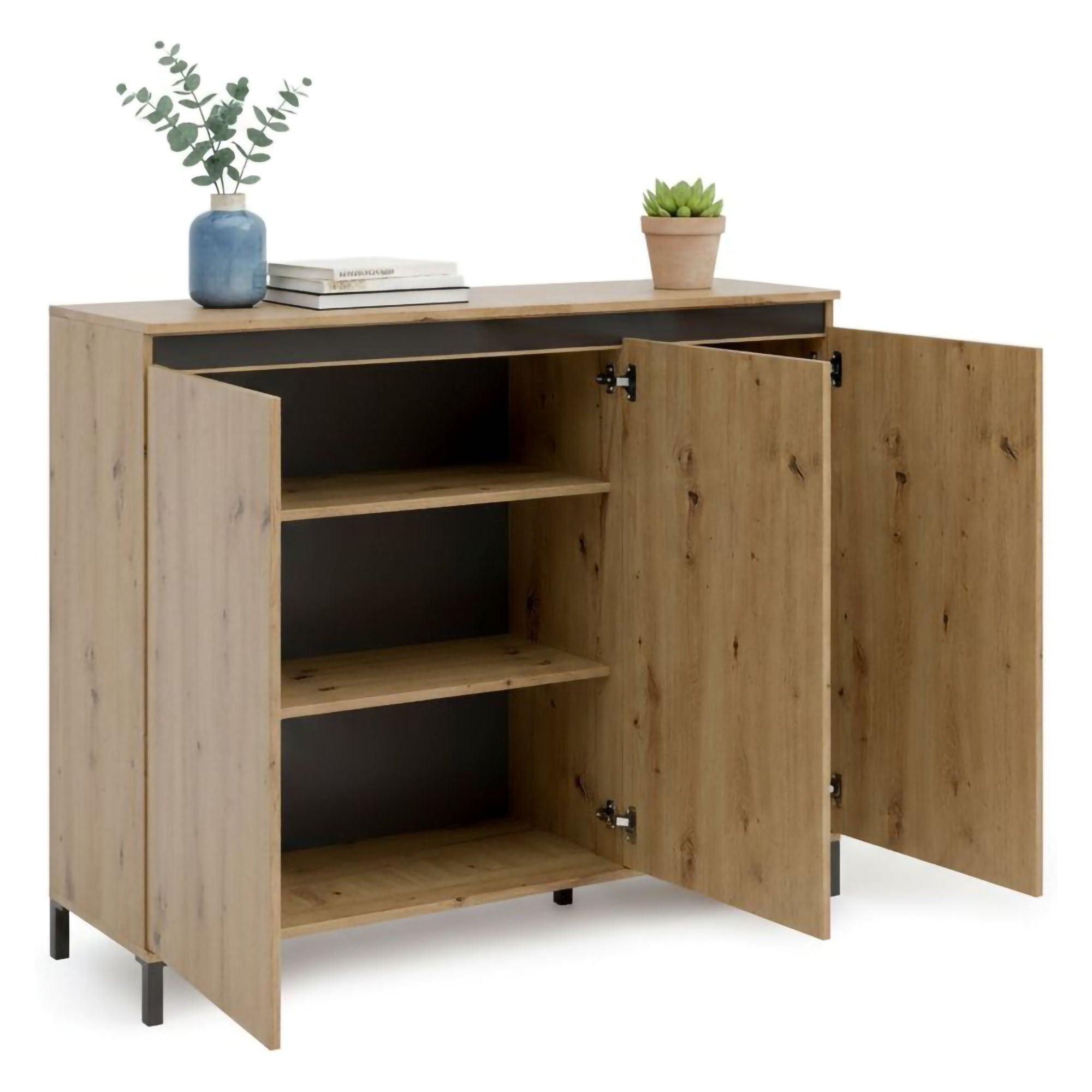 Credenza Averara, Buffet da soggiorno, Madia da salotto, Dispensa da cucina, Made in Italy, 138x110h40 cm, Bianco lucido e Antracite