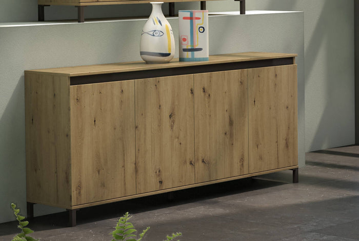 Credenza Basiano, Buffet da soggiorno, Madia da salotto, Dispensa da cucina, Made in Italy, 184x40h84 cm, Rovere Nodi e Antracite