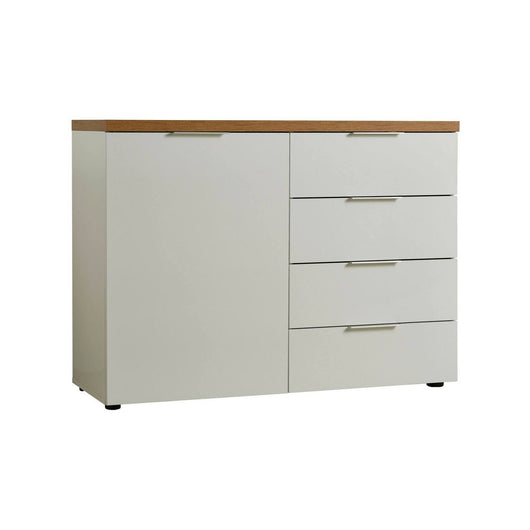 Credenza Bagwis, Buffet da soggiorno, Madia da salotto, Dispensa da cucina, Made in Italy, 120x43h89 cm, Bianco lucido e Rovere