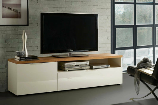 Mobile porta TV Manama, Credenza da soggiorno, Armadio basso per TV, Base parete attrezzata, Made in Italy, 180x48h43 cm, Bianco lucido e Rovere